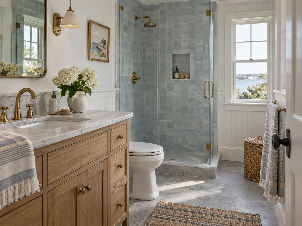 Concept image of a refined Cape Cod bathroom remodel.